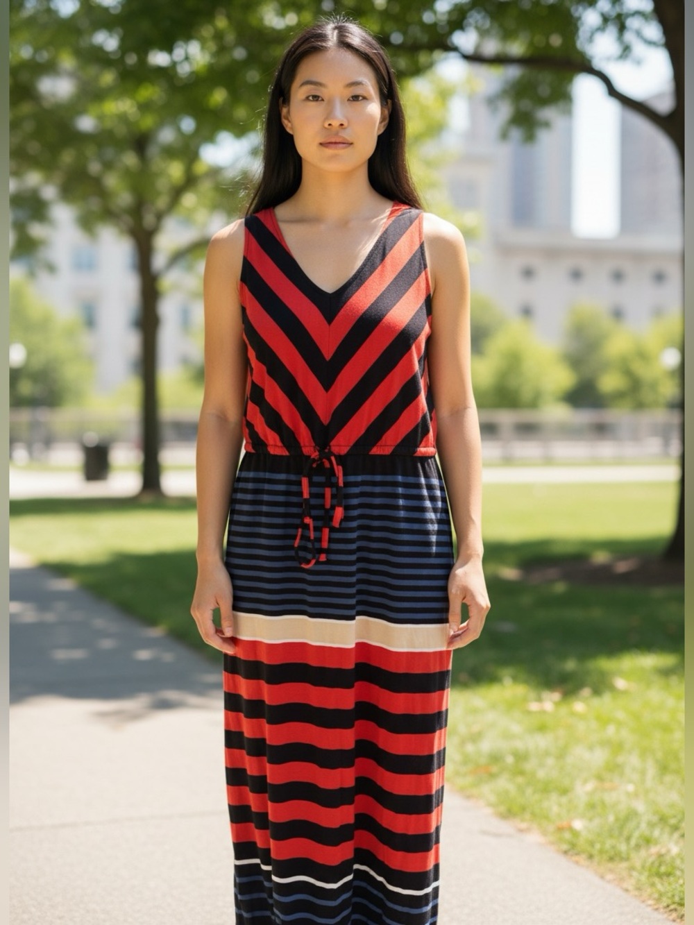 Liz Claiborne Red, Navy & Cream Striped V-Neck Maxi Dress